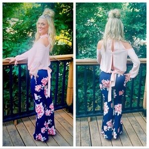 Peach cold shoulder top (pants listed separate)